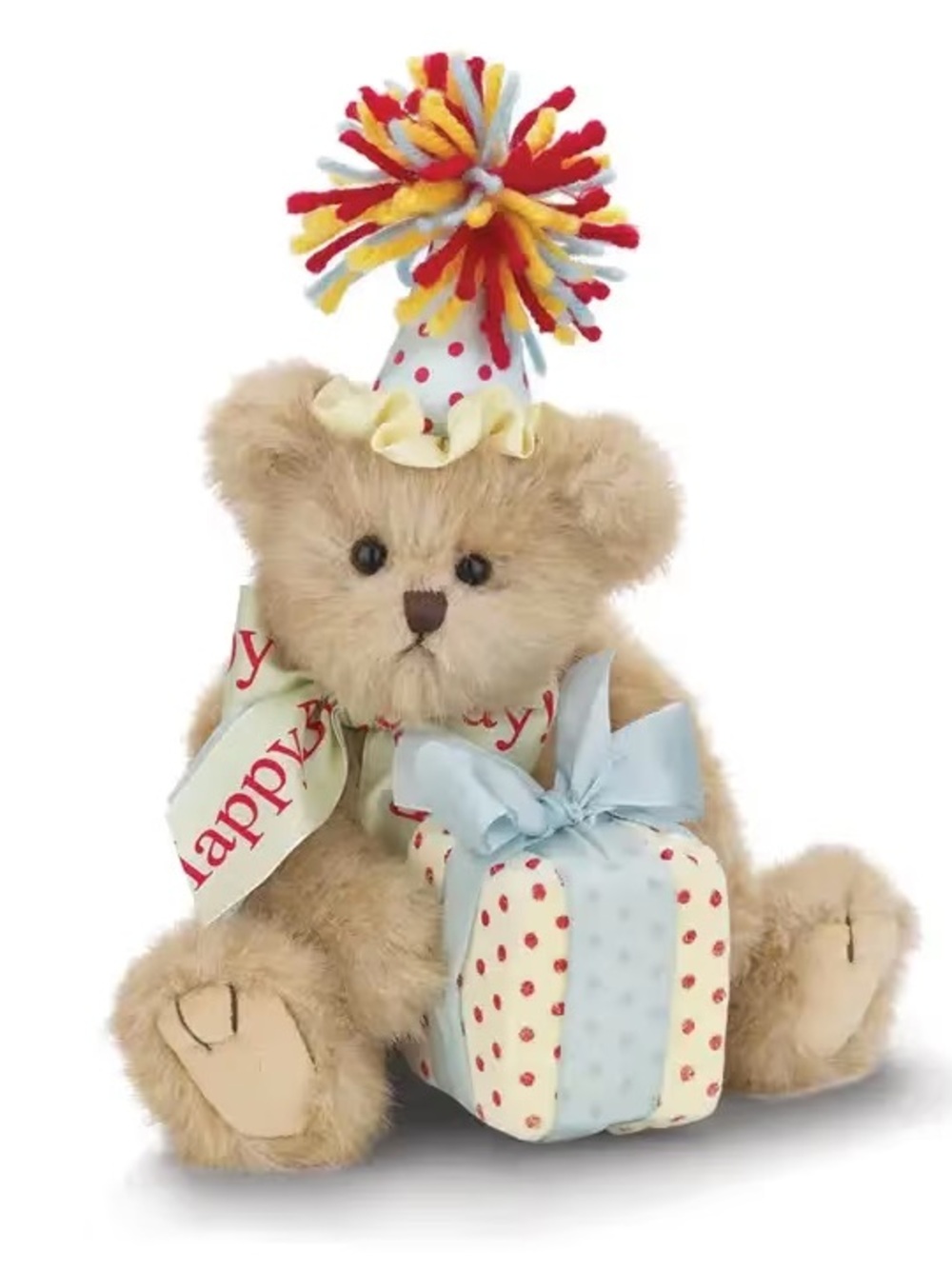 Bearington Collection Birthday Bear with Party Hat and Gift - Cream